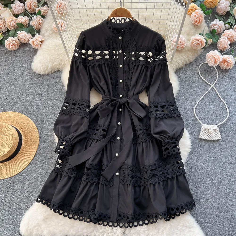 

White Dress Women Mid Length Dresses A Line Vestidos Streetwear Stand Collar Single Breasted Elegant Lace Y2k Party Hollow Out