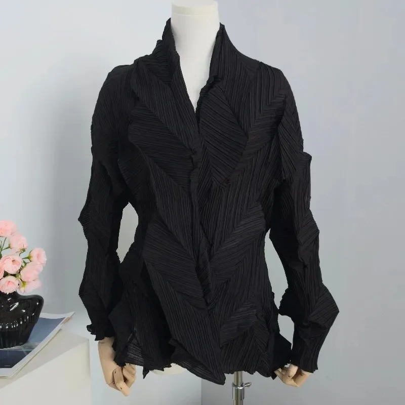 Miyake Pleated Niche Irregular Pleated Jacket Spring Summer New Unique Chic Outerwear Long Sleeve Solid Color Top for Women image 6