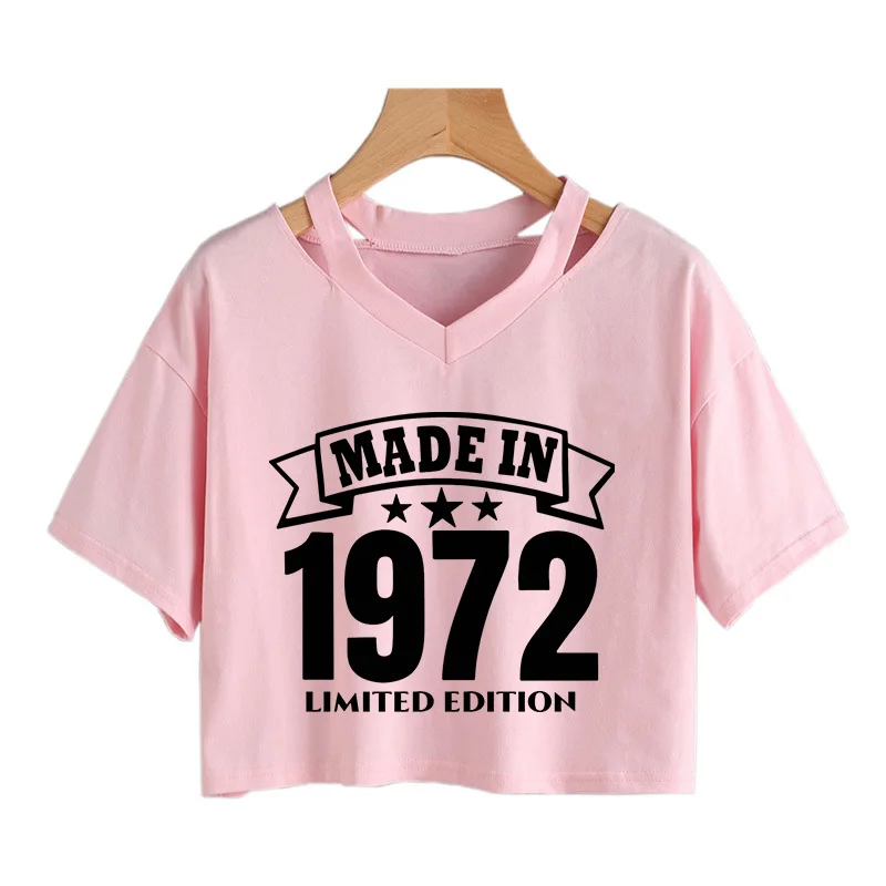 American Vintage 1972 Limited Edition Print V-neck Cropped T-Shirt Women's Fashionable Trendy Style Crop Tops Clothes Outfit 90s