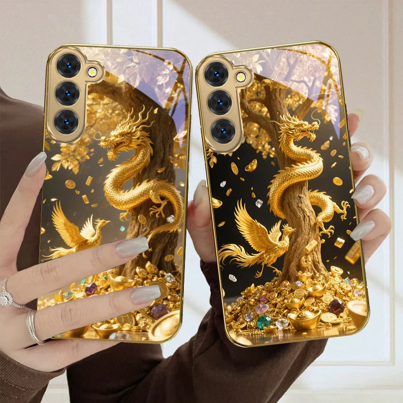 Lucky Dragon Diagram For Samsung Galaxy S20 FE S21 S22 Ultra 23 Plus 24 Ultra 25 Ultra S21+ S9+ 22Plus Golden Glass Phone Case view 6