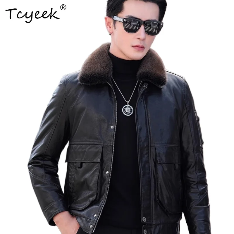 

Tcyeek Верхний слой из коровьей кожи Осень Зима Высококачественная модная черная мужская куртка с лацканами Куртка Кожаная Мужская 가죽 자켓
