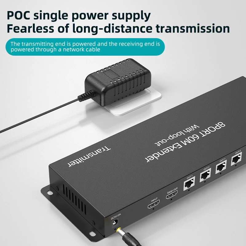 1x8 HDMI Extender Splitter Via RJ45 Ethernet Cat5e CAT6 Cable 60M 195ft HDMI Splitter Video Transmitter and Receiver Support POC view 5