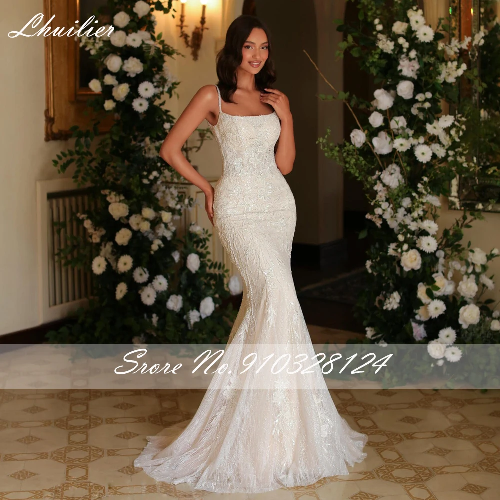 Lhuillier 2 in 1 Square Neck Mermaid Lace Wedding Dresses Sleeveless Beaded Bridal Dress with Detachable Train