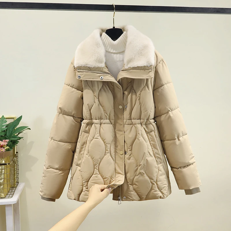 

Женское зимнее длинное пуховое пальто с застежкой на талии и меховым воротником, модная утягивающая верхняя одежда с хлопковой подкладкой