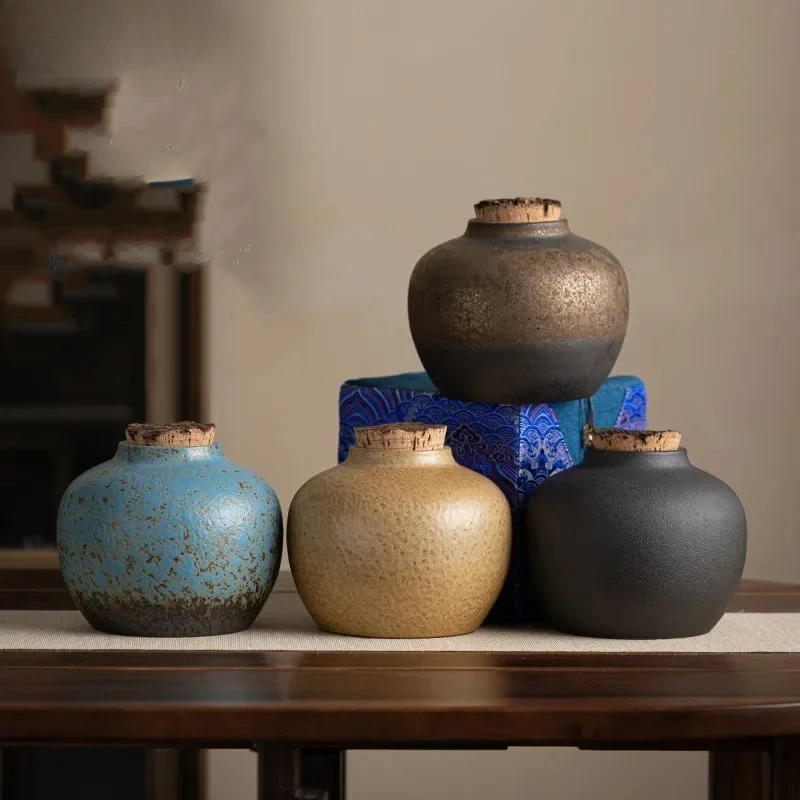 Qiushi Wooden Plug Stoneware Tea Tins Gilding Tea Container Household Moisture-Proof Sealed Cans Ceramic Jar Pu'er Pot