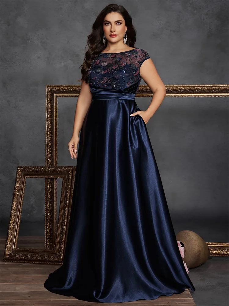 Plus Size O-neck Elegant Sequins Splicing Evening Dresses Luxury Sleeveless Satin Wedding Party Prom Cocktail Gowns