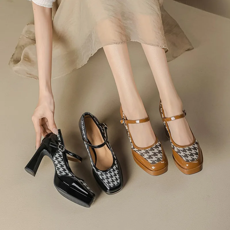 Mary Jane shoes Vintage patchwork bird-plaid French one-line buckle square head chunky waterproof platform heels for women