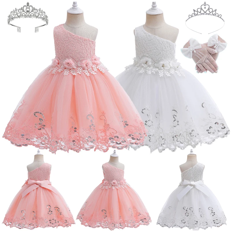 

Flower Girls Lace Embroidered Oblique Shoulder Wedding Party Dresses Elegant Kids Occasion Ceremony White Christening Ball Gowns