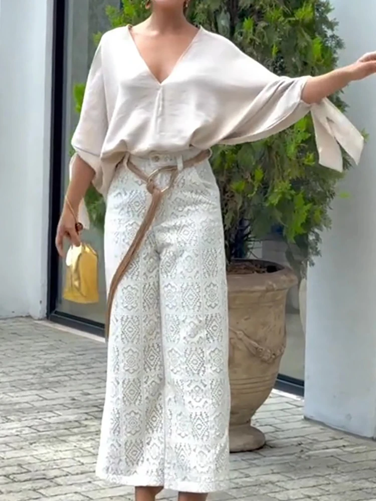 Nouveau printemps automne lâche col en V chemisiers chics, femmes décontracté manches chauve-souris hauts simples, 2025 solide à lacets Patchwork dames chemises