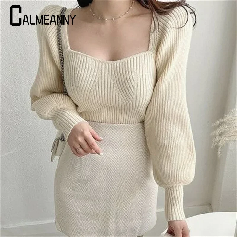 French Vintage Square Neck Sweater 2024 Autumn Winter Long Sleeve Puff Sleeve Knited Top Korean Edition Elegant Clothing