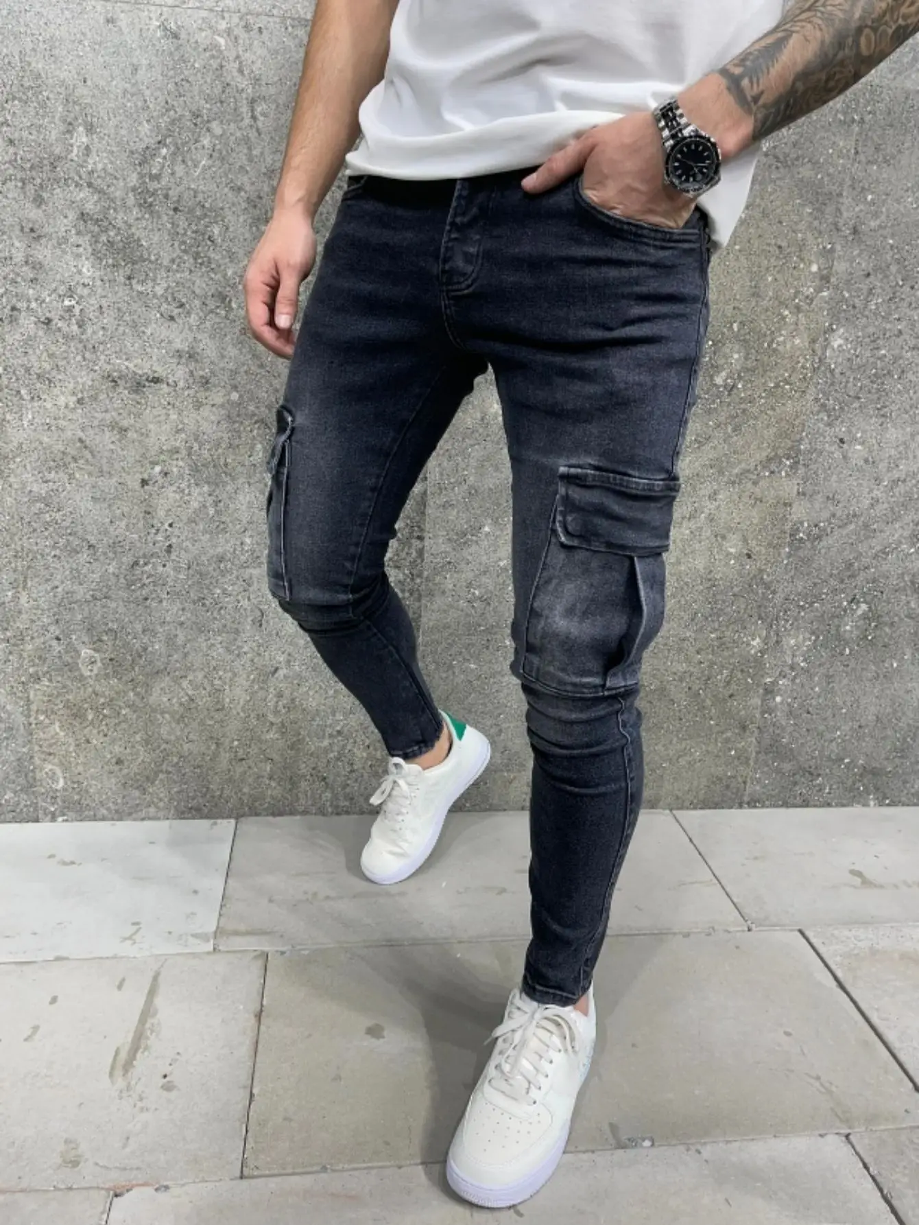 

Men Street Elastic Denim Jeans Wash Solid Color Multi Pockets Cargo Pants Casual Slim Fit Daily Wear Joggers Mid Waist Trousers