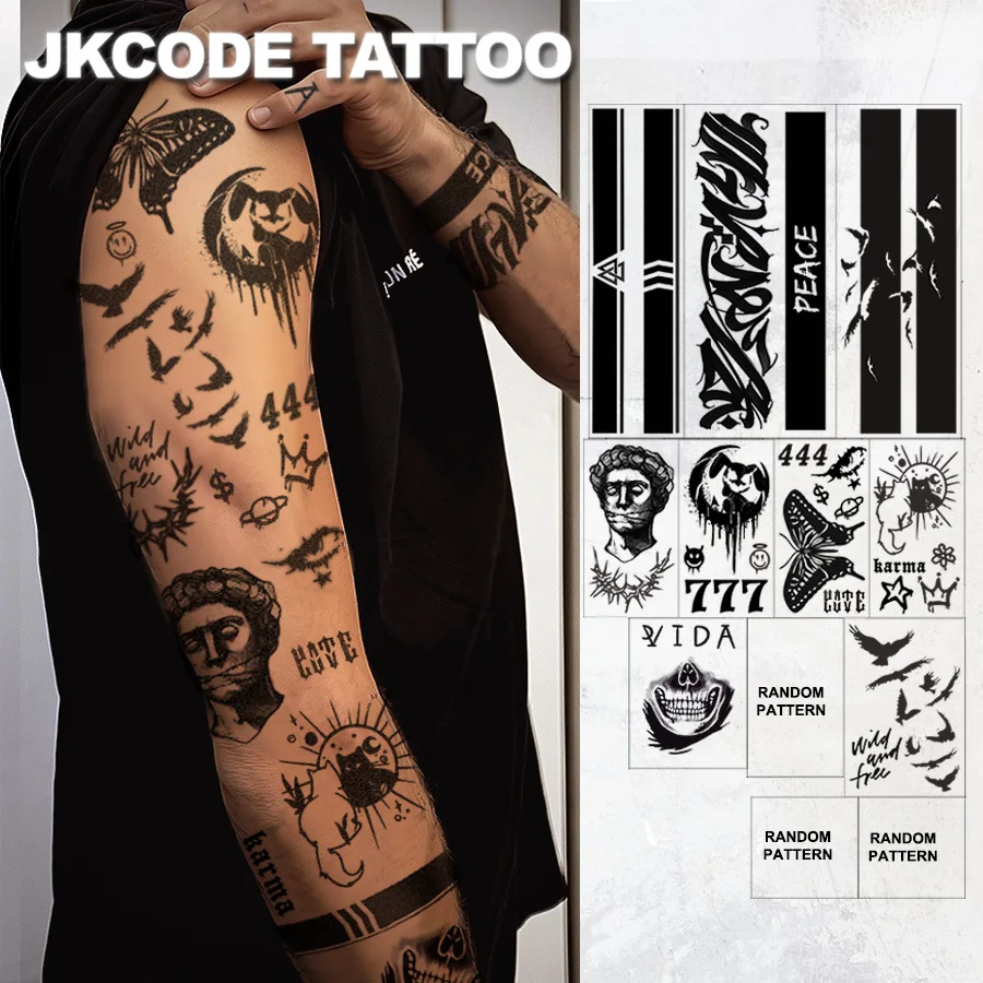 12-piece Viking Totem Temporary Tattoo Stickers |   Black Little Devil Oldschool Skull Line Thorn Flower Arm Tattoo Sticker |   Gothic style tattoo |   Arm and leg tattoos |   Men's Waterproof Long-Lasting Body Paint