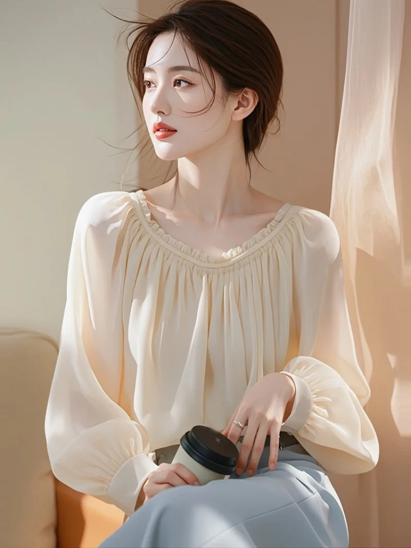 Chemisiers Vintage pour femmes, couleur unie, chemises décontractées, mode ample, vêtements coréens d'été, manches longues, col en v, hauts en mousseline de soie pour femmes