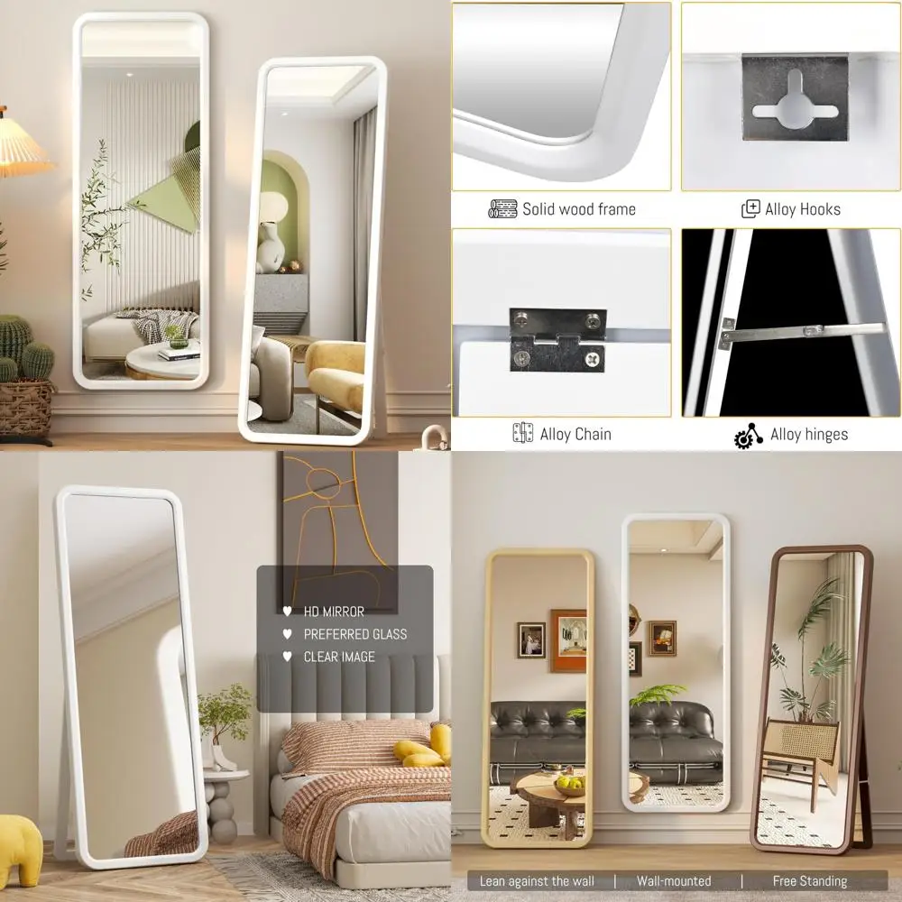 Grande espelho de comprimento total de madeira maciça com suporte, independente ou montado na parede, grande espelho de piso/parede com moldura de madeira para casa