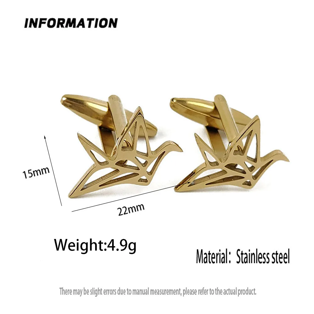 18K Gold Plated 316L Stainless Steel Origami Crane Cufflinks Hollow Paper Bird Shirt Cuff Buttons Mens Suit Accessories