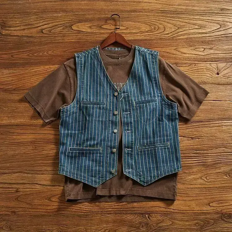 Japanese Retro Khaki Trend American Striped Workwear Vest Washed Tank Top Denim Sleeveless Waistcoat Blazer