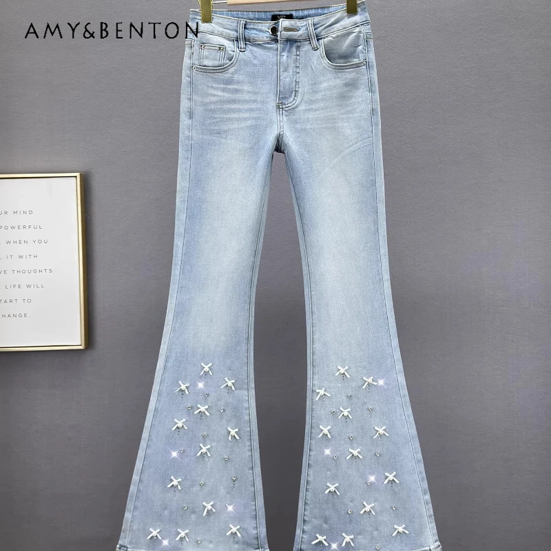 Heavy Industry Beaded Hot Diamond Women's Jeans Spring Summer 2026 Elastic Slim Skinny Versatile High Waist Bell-bottoms Ladies