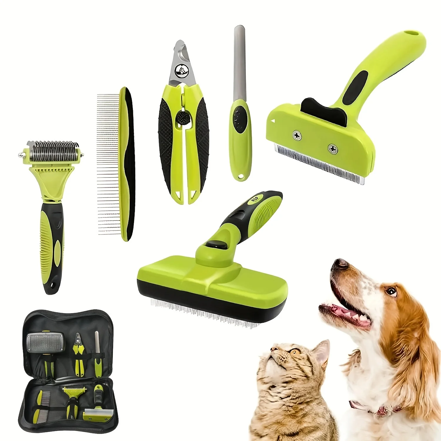 6 in 1 Pet Grooming Kit - Dog & Cat Deshedding Brush, Comb, Nail Clippers, Dematting Tool with  Bag - Durable Flea Combs Set for