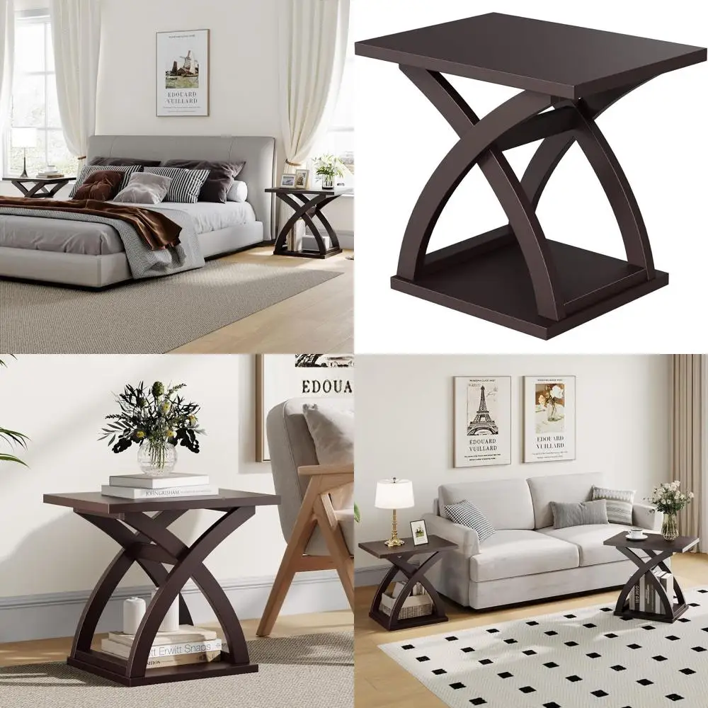 

Contemporary Espresso X-Frame End Table with Storage for Living Room