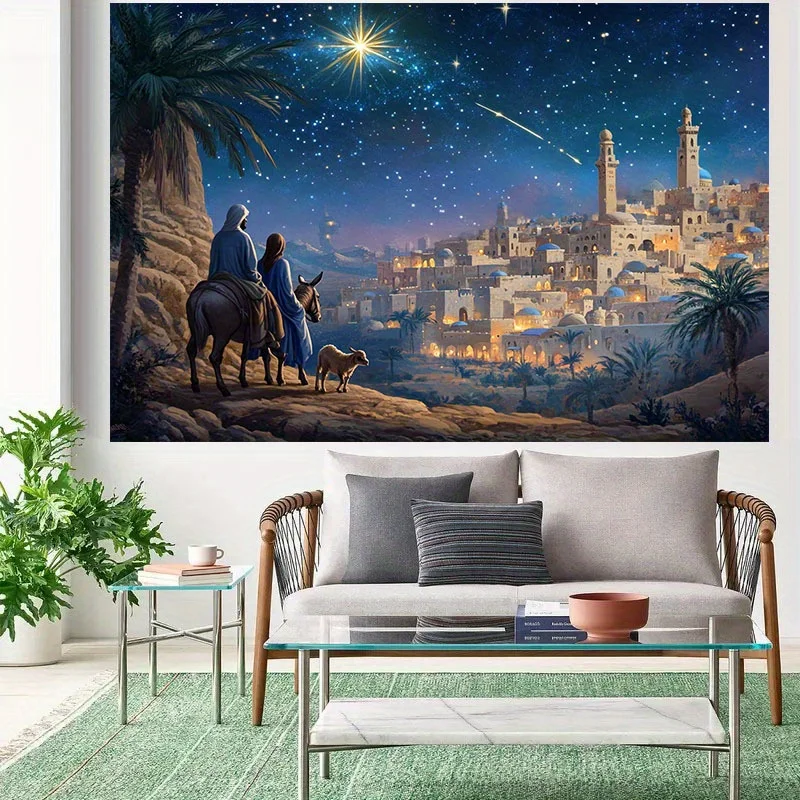 قطعة واحدة من خلفية القدس المرصعة بالنجوم - لافتة بوليستر بدون كهرباء مع ثلاثة رجال حكيمين وتصميم سيتي سكيب للعطلات