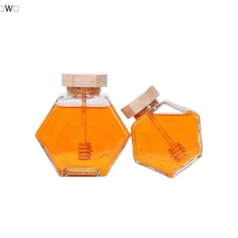 〔W〕Hexagonal Glass Honey Bottle With Wooden Honey Pot Stirring Rod Sealing Clear Jam Jar Kitchen Home Storage 100ML/220ML/380ML