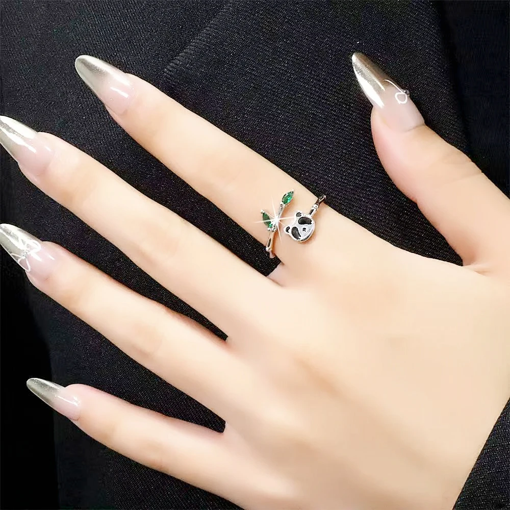 Sole Memory 925 Sterling Silver Colorful Glazed Zircon Bamboo Panda Resizable Opening Ring For Women Fine Jewelry RI1468