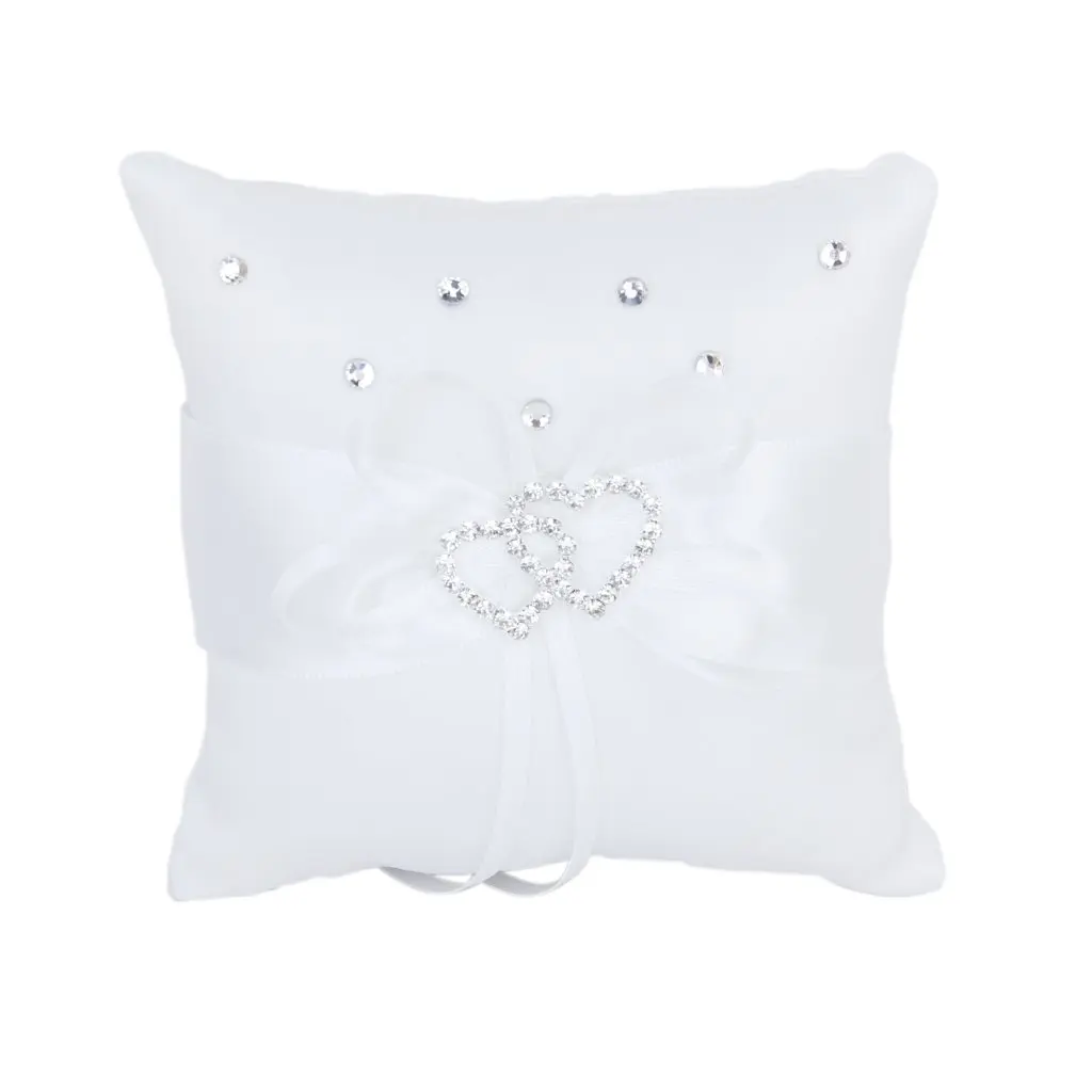 

White Double Heart Rhinestone Ring Pillow Wedding Ring Bearer Cushion 10*10cm