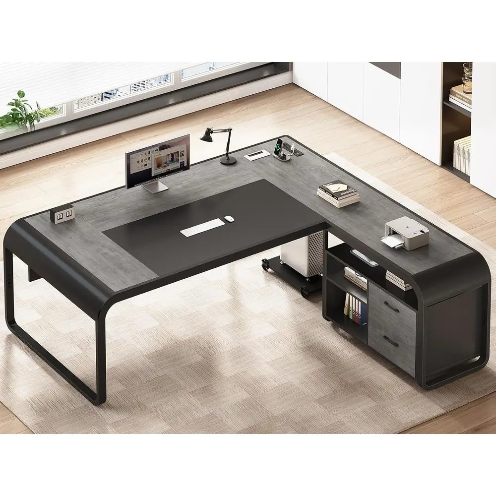 63 Inch Executive Desk, Large Office Desk with File Drawer, L Shaped Desk with Drawers, Computer Desk with Mobile CPU Stand, Sto