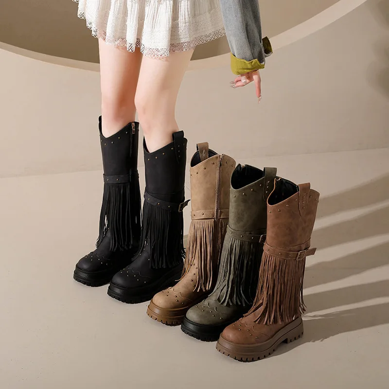 Free Shipping Women Rivet Fringe Cowboy Boots Buckle Strap Platform Sole Trendy Knee High Footwear, Customer Favorite