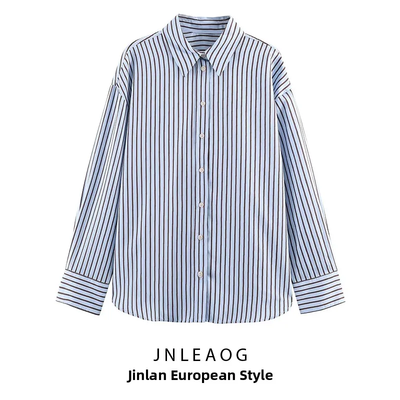 

JNLEAOG Модная полосатая свободная шелковая рубашка для женщин, осенняя новинка, с отложным воротником, из полиэстера, с длинным рукавом, повседневный топ