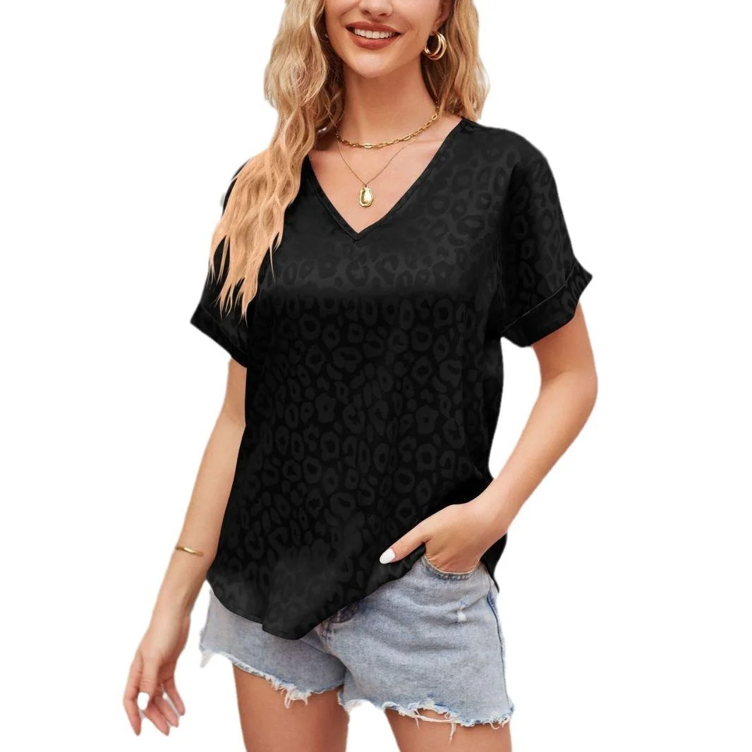 Women's Satin ort Sve irt Top with Collar Loose Fit Lace Splicing Geometric Pattern Polyester Fiber Summer New Arrival
