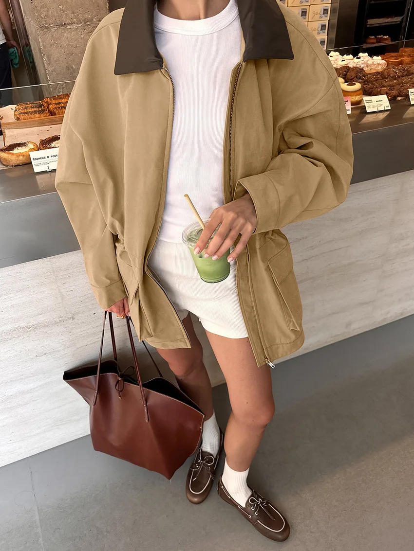 

Khaki Pocket Drawstring Trench Coat Women Autumn Patchwork Turndown Collar Long Sleeve Vintage Casual Fashion Outerwear Jackets