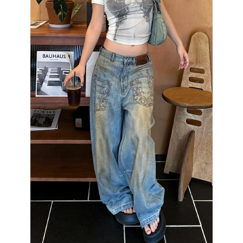 American high street design sense personalized embroidered jeans women summer old mud dyed reverse pocket floor trousers trendy