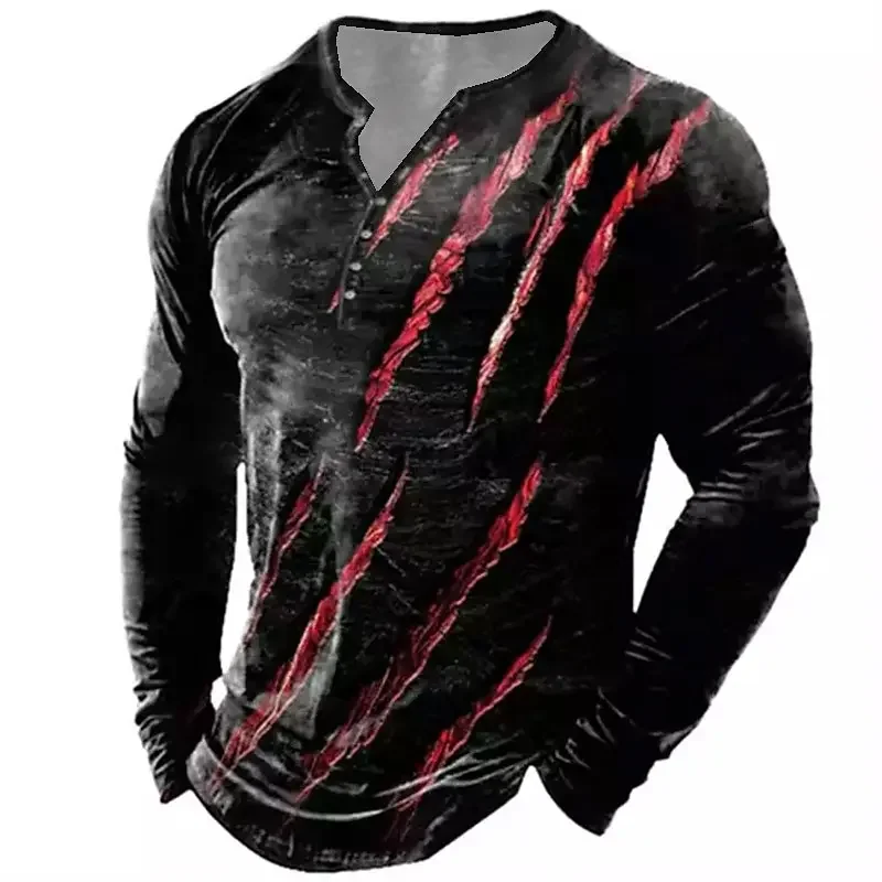 Vintage Men\'s T Shirt Henley Shirt Graphic T-shirts Paw 3D Print Outdoor Daily Long Sleeve Oversized Tee Button-Down Men Clothes