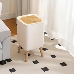 1 Piece High Clamshell Garbage Can, Suitable For Bedroom, Living Room, Bathroom, Press Trash Can, Imitation Wood Grain, White