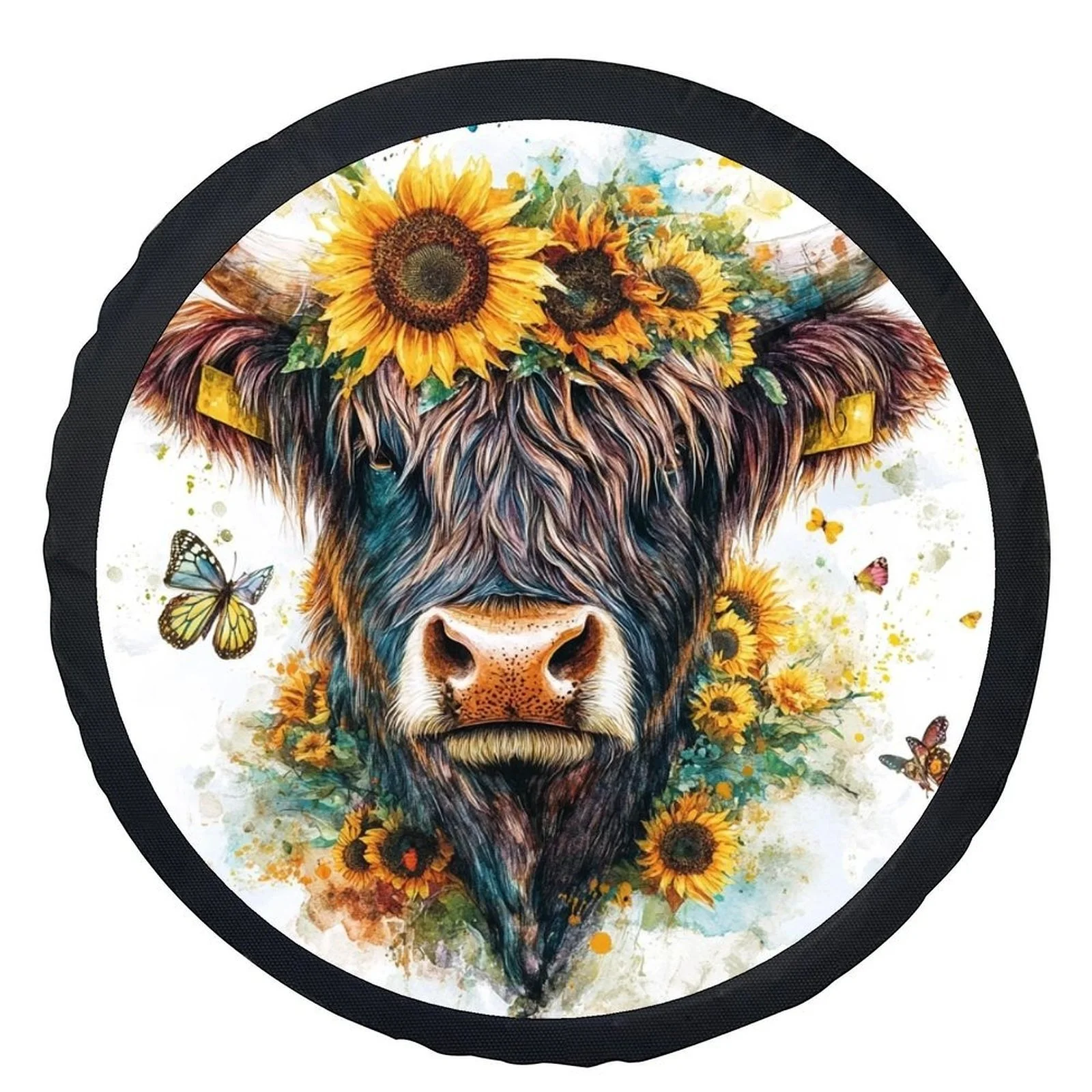 Single Piece Tire Cover Featuring A Cow Design With Sunflowers, Stylish And Universal Fit For Wheel Protection, Compatible With