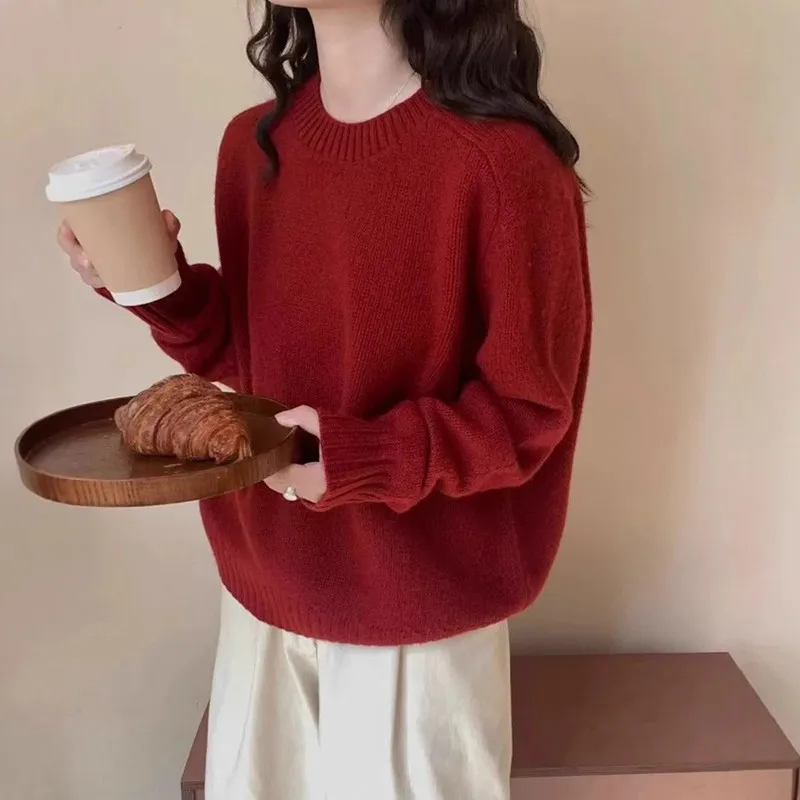 Women's Crewneck Sweater, Soft Loose-Fit Knit Pullover, Casual Long-Sleeve Cozy Wool Blend Knitwear