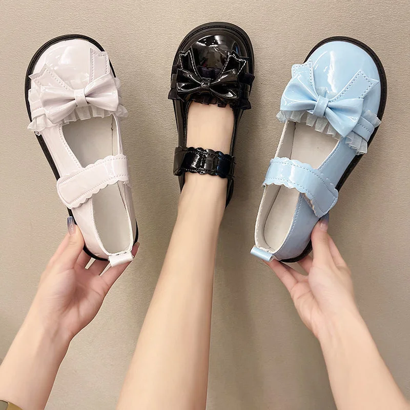 Women Lolita Shoes Kawaii Japanese Style Lace Patchwork Bow Hook Loop Mary Janes Girls Students shoes Solid Footwear