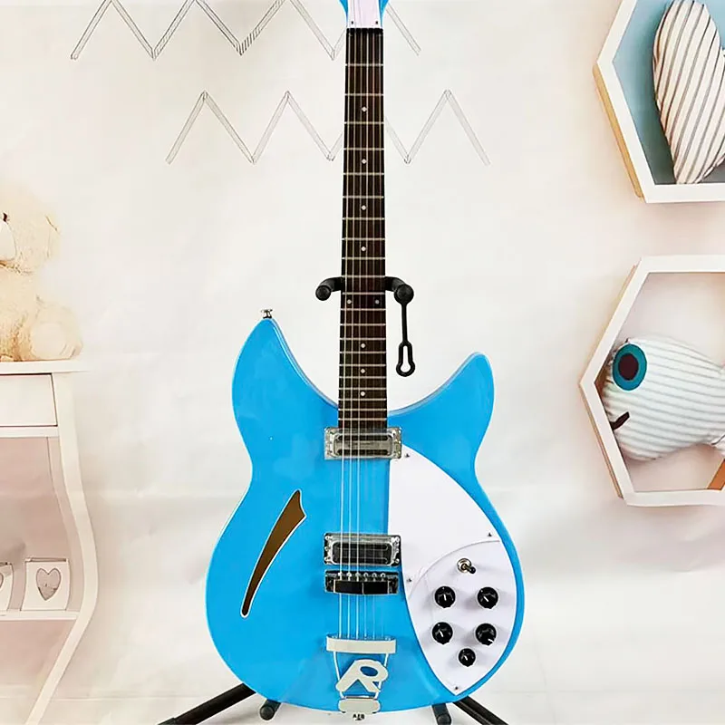 6-string blue semi-hollow electric guitar, basswood body, maple neck, dot inlays, R tailpiece, rock style, free shipping