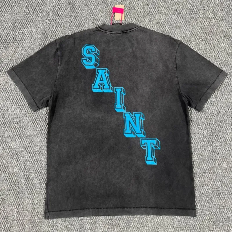 Blue Cracked Print Angel Saint Tshirts Vintage Distressed Black Round Neck Short Sleeve Summer Hiphop Street Tops Men Men Outfit