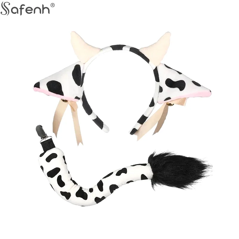 1 Set Animal Party Cosplay Costume Plush Cow Ears Horn Headband With Small Bells Ribbon Bow Anime Lolita Hair Hoop Girl Gifts