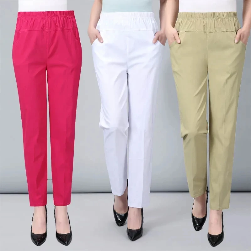 

Mom's Pants Middle-aged Women's Pants Spring Autumn Elastic Waist Cotton Casual Pants Femme High Waist Elderly Trousers 5XL