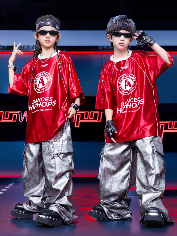 Kid Kpop Hip Hop Clothing Red Letter Jersey T Shirt Silver Tie Dye Parachute Cargo Pants for Girl Boy Jazz Dance Costume Clothes