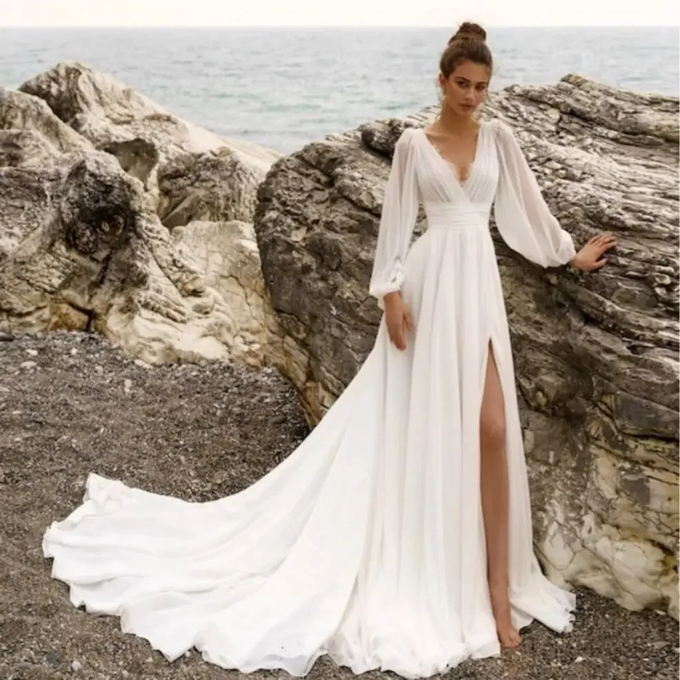 Lakshmigown Off White Chiffon Beach Wedding Dreses Full Sleeve High Split Bride Dress Backless Boho Long Wedding Bridal Gown