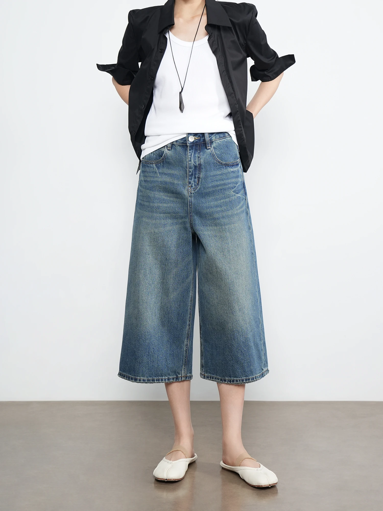 

Retro American High Waist Loose Fit Seven Inch Shorts Women's Jeans Cotton Blend Comfortable Wear Resistant Daily Use