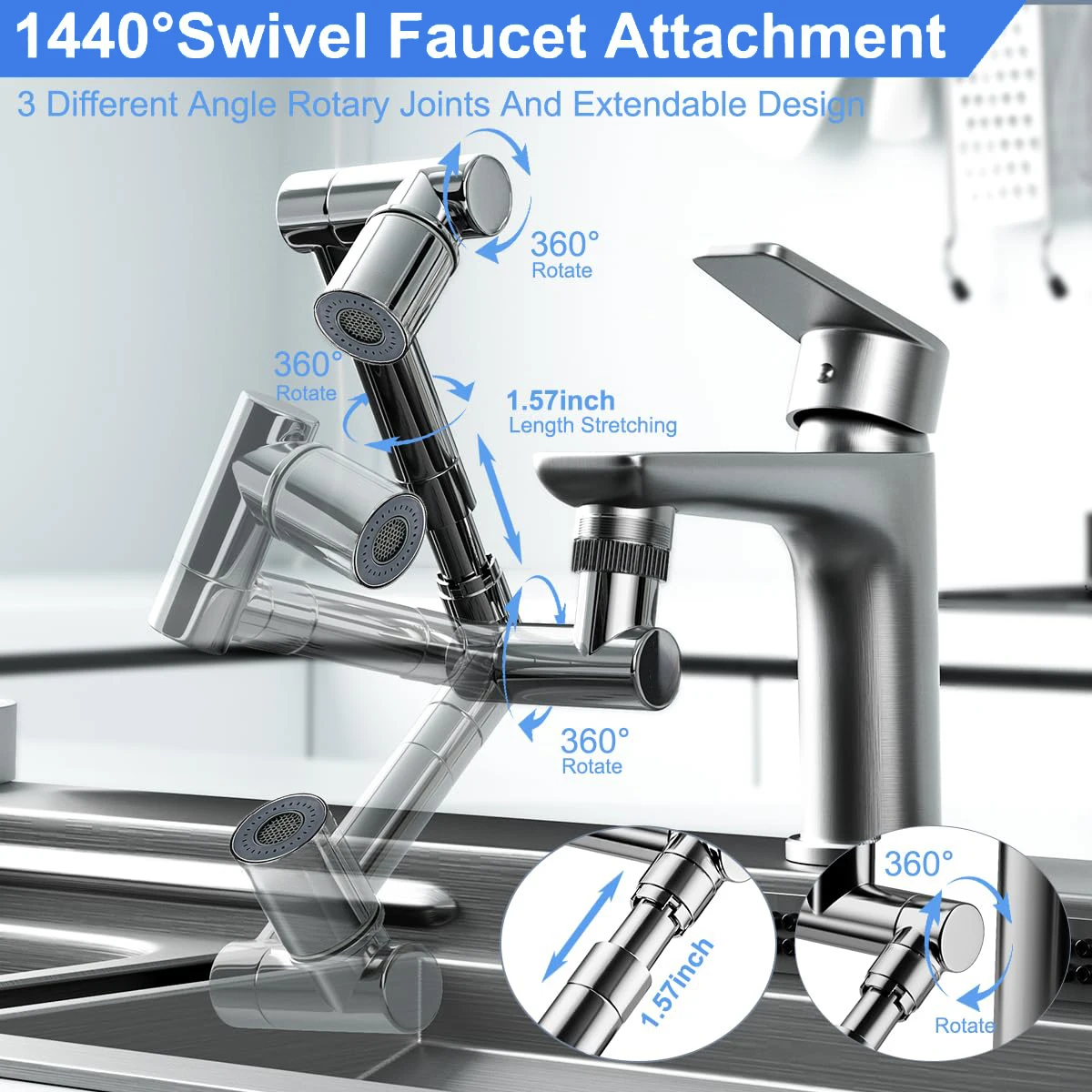 

1440 ° Кухня Масштабируемый Металлический смеситель аэратор Ванная крана Брызговистый Bubbler Faucet Filter Направление сопла Экономия воды Удлинитель