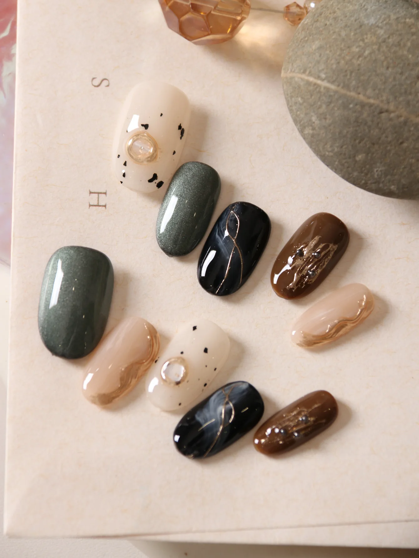 10Pcs Press on Nails Short Skin Color Green Black Halation Skin Color g Fake Nails Includes 1 Sheet Adhesive Tabs & 1 Pc Mini File