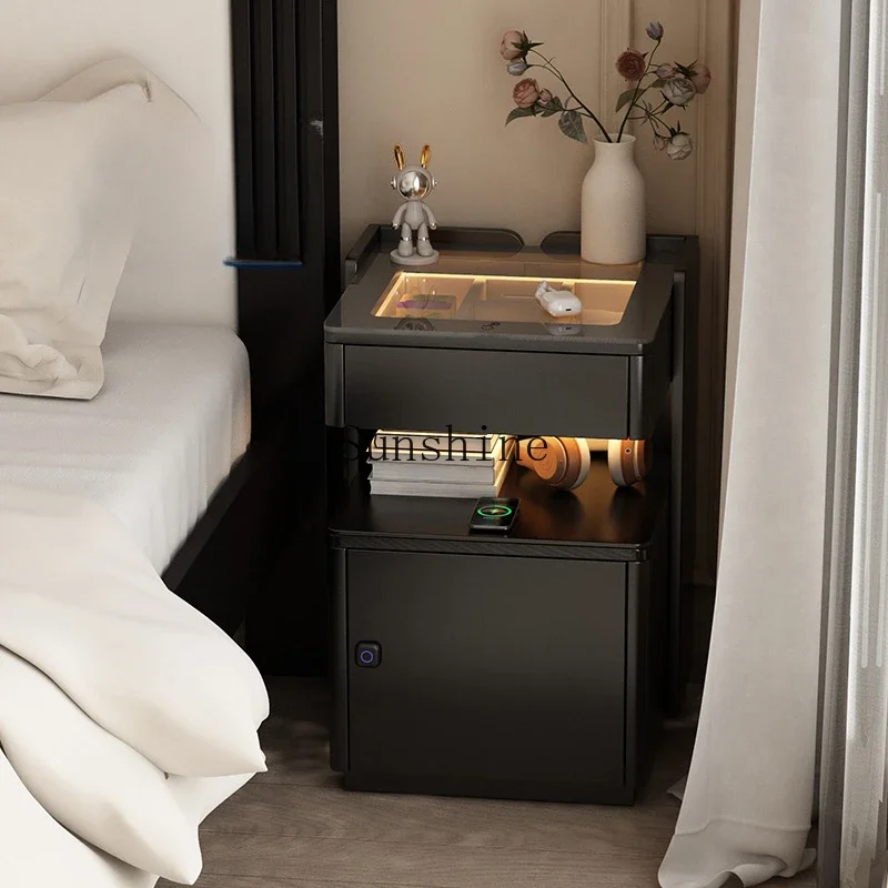 Black household bedroom small cabinet with lamp integrated glass countertop