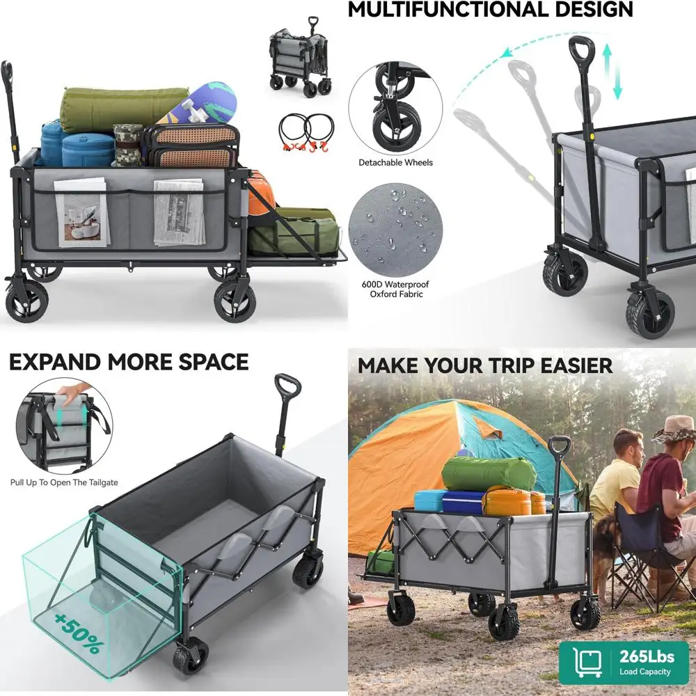 "Vagão utilitário dobrável resistente de 150l com carrinho de praia longo de 45'' e capacidade de carga de 265 libras"