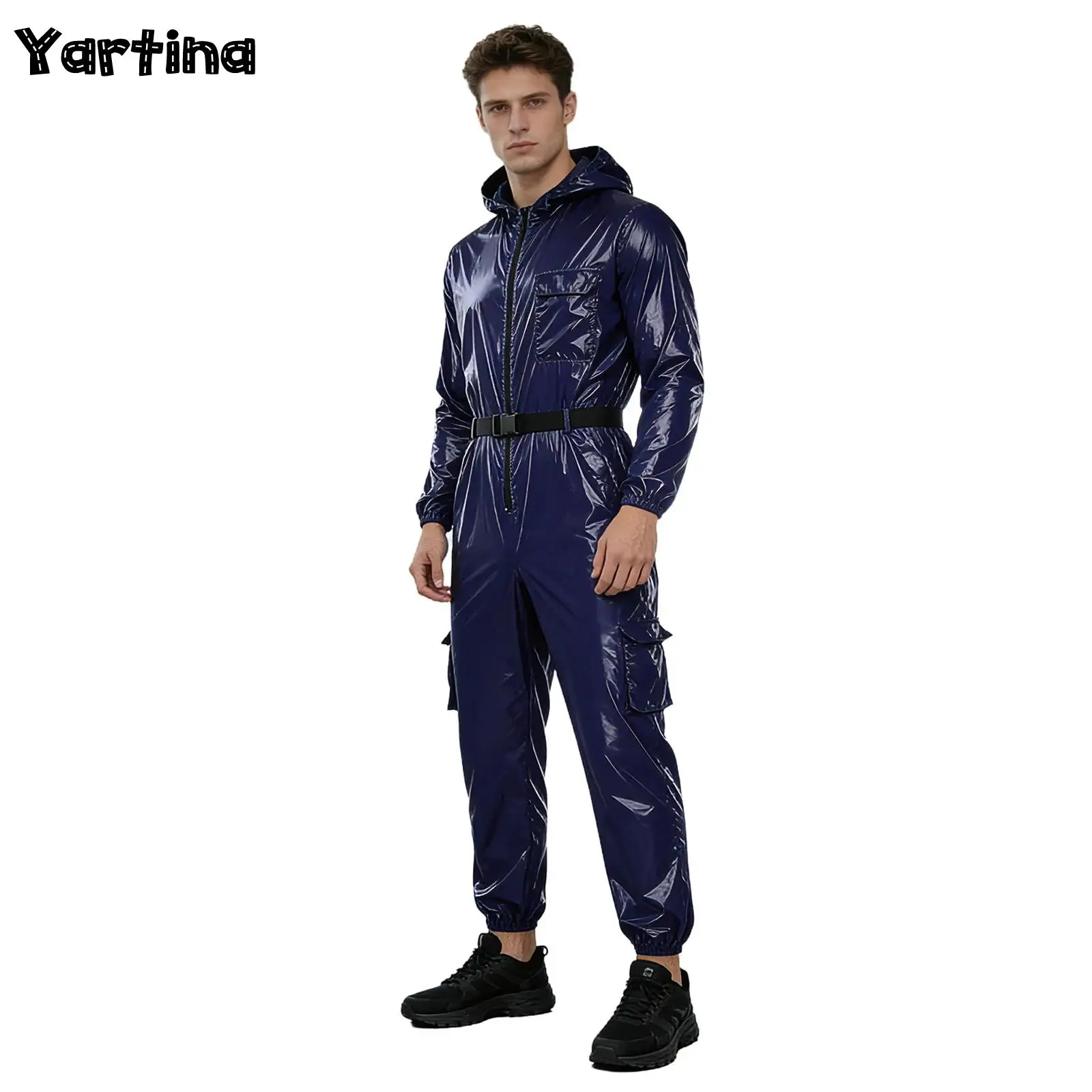 Mens Water Resistant Coveralls Costume Hooded Work Jumpsuits Long Sleeves Front Zipper Hooded Jumpsuit Flap Pockets Bodysuit